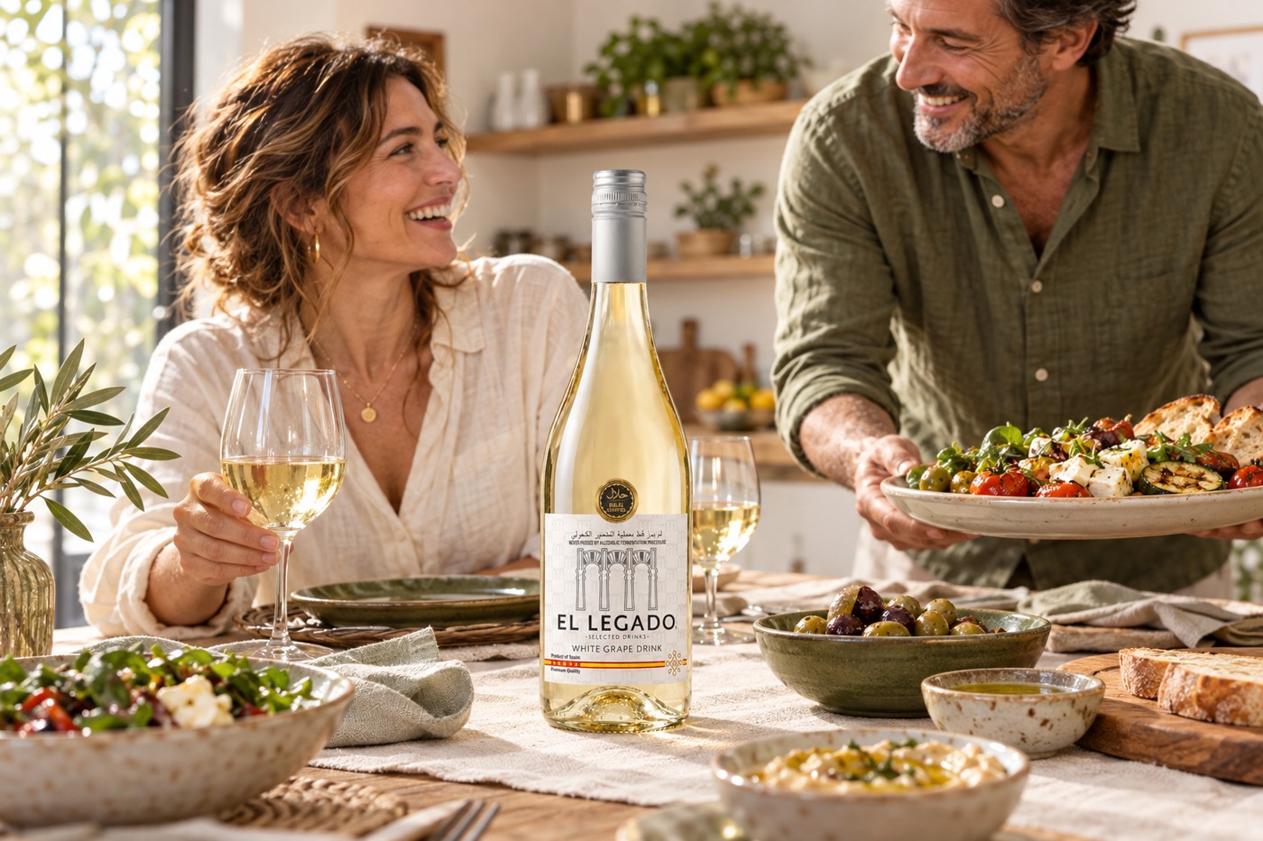 Dos adultos comparten un aperitivo en casa con El Legado