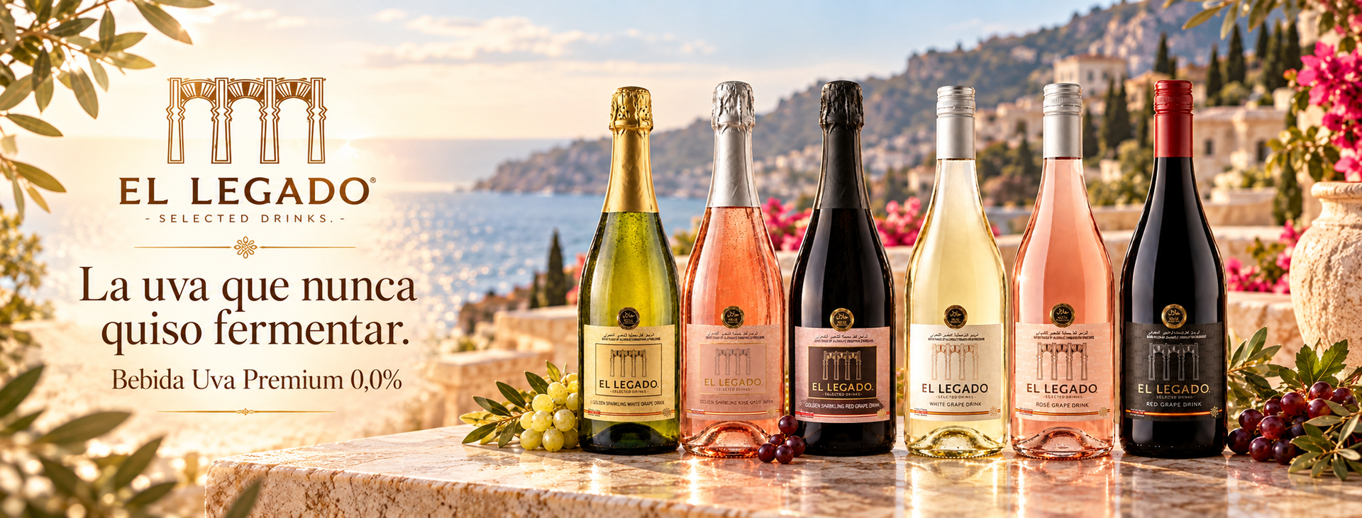 Las seis bebidas de uva El Legado 0,0 %, colección mediterránea